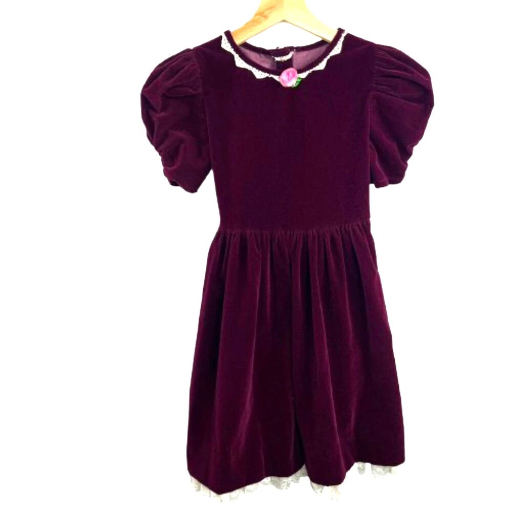 Vintage Jo Lene Girls Burgundy Velvet Lace Trim Dress Victorian Style Size 7